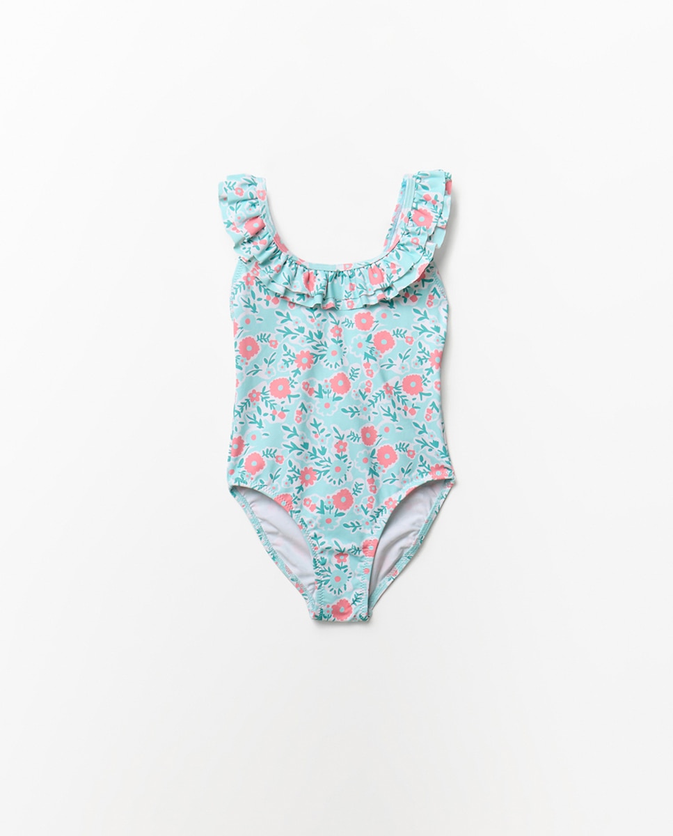 Fato de Banho com Estampado Floral Turquesa-1