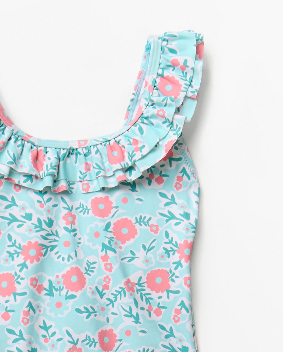 Fato de Banho com Estampado Floral Turquesa-2