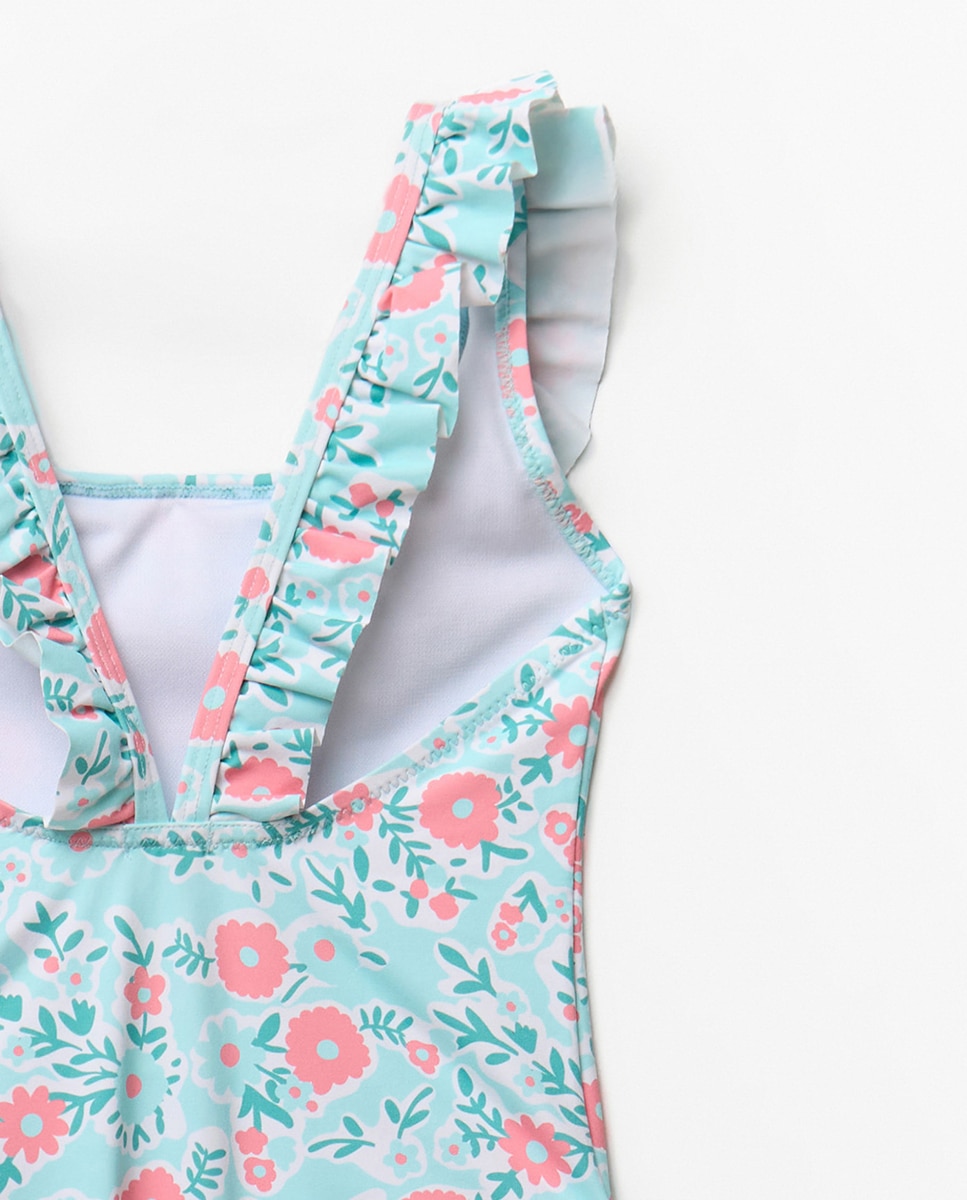 Fato de Banho com Estampado Floral Turquesa-4