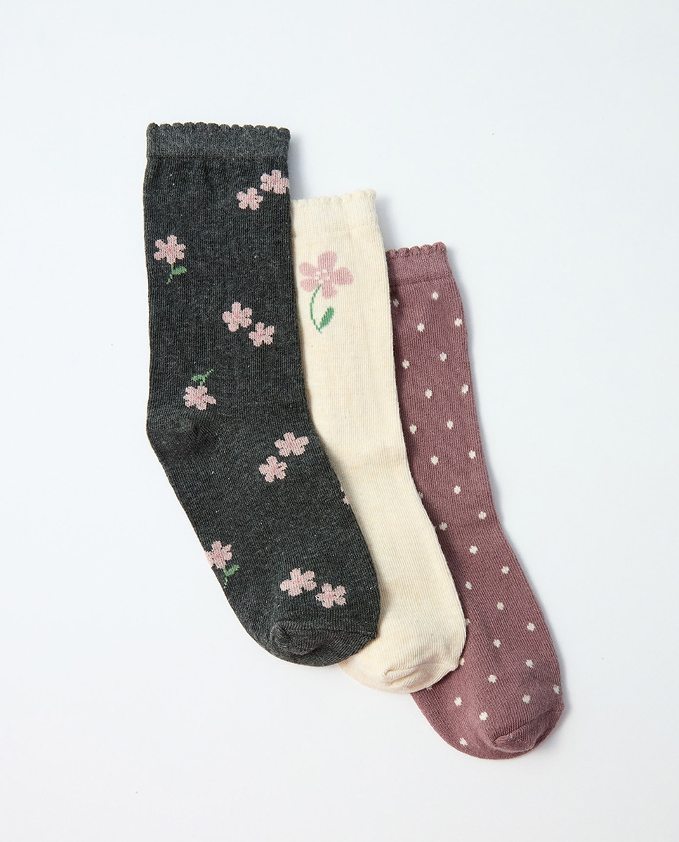 Pack de 3 Pares de Meias com Estampado Floral Sfera Roxo-2