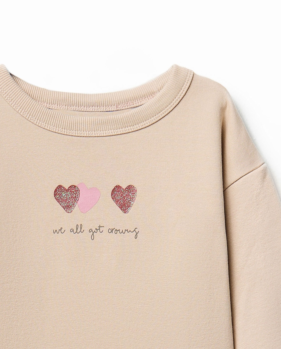 Sweatshirt Basic com Corações Sfera Bege-2
