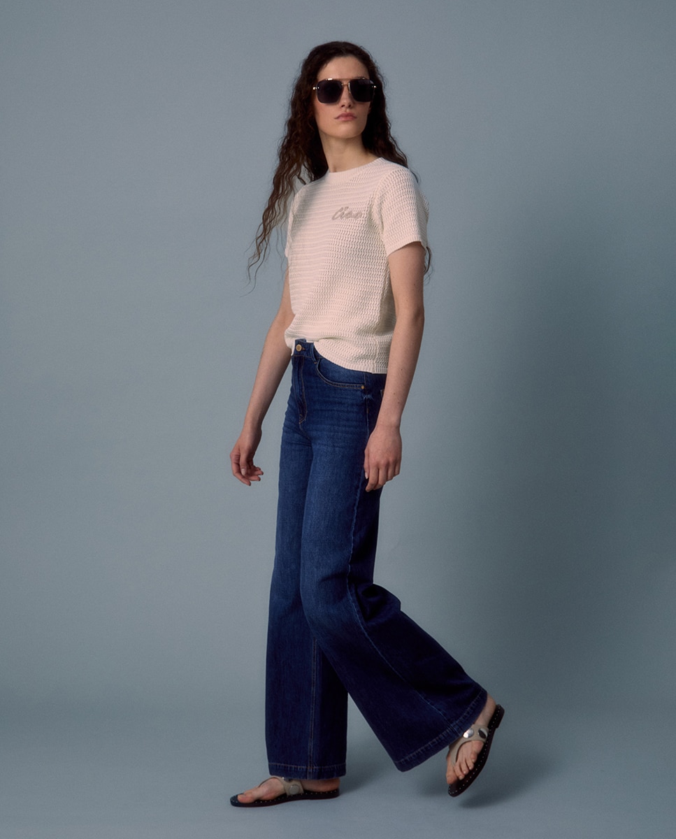 Jeans Palazzo com Cintura Azul-escuro-4
