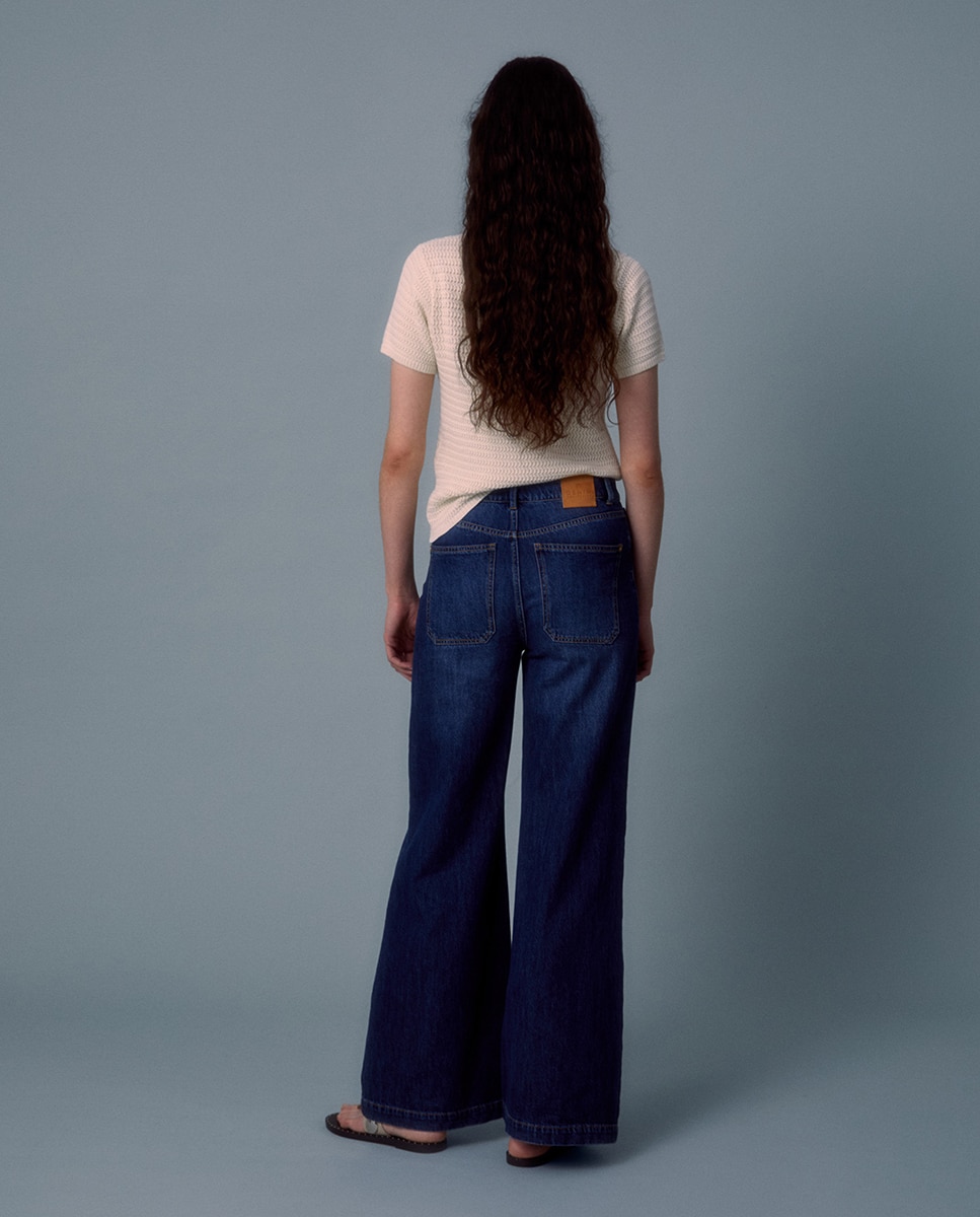 Jeans Palazzo com Cintura Azul-escuro-5