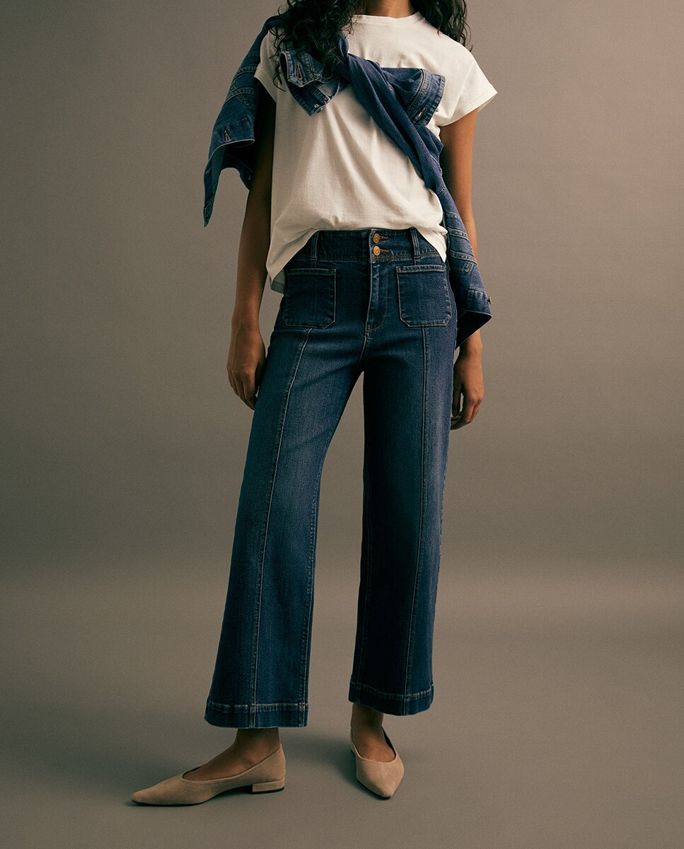 Jeans Tipo Culotte com Cintura Subida Azul pálido-2
