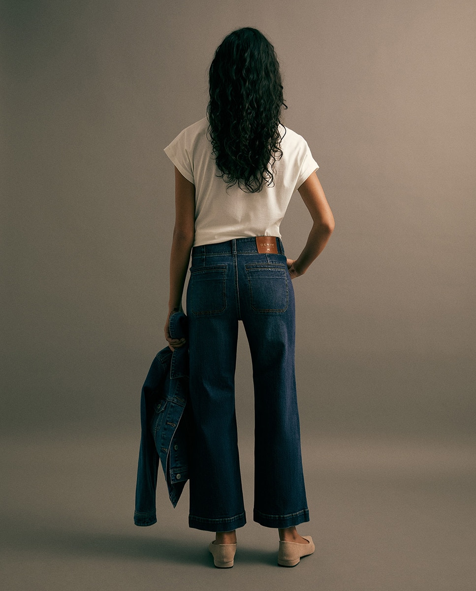 Jeans Tipo Culotte com Cintura Subida Azul pálido-5