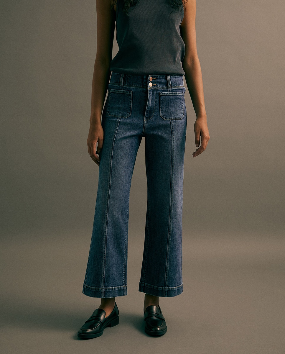 Jeans Tipo Culotte com Cintura Subida Azul Suave-2