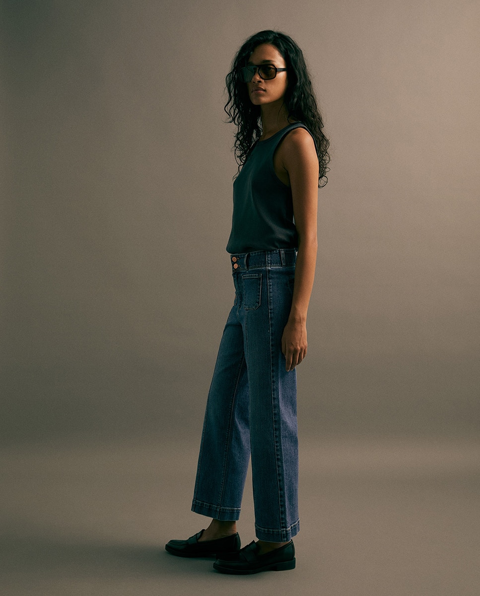 Jeans Tipo Culotte com Cintura Subida Azul Suave-4
