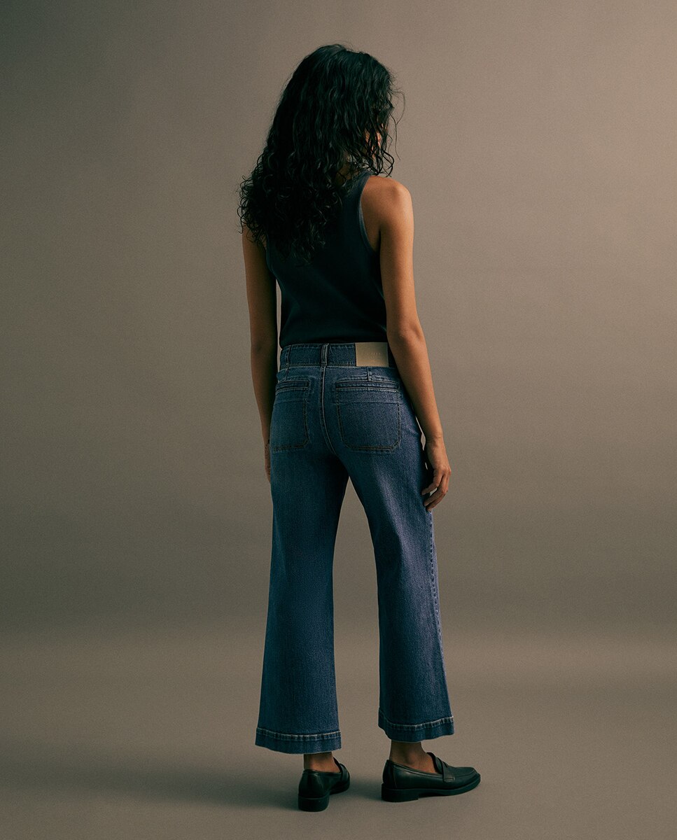 Jeans Tipo Culotte com Cintura Subida Azul Suave-5