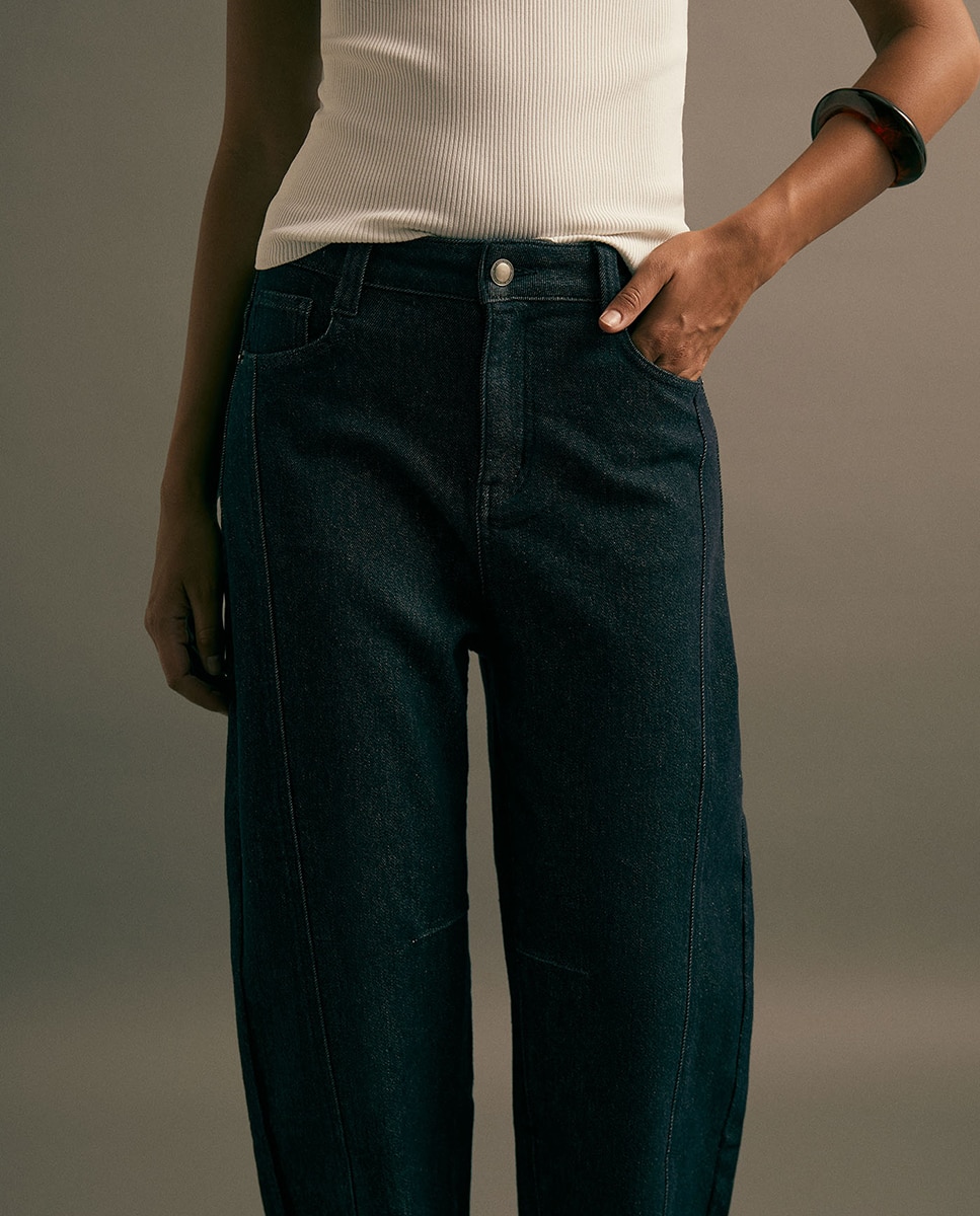 Jeans Barrel com Cintura Azul-escuro-3