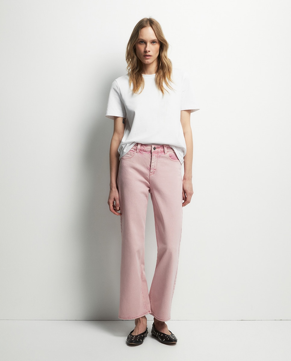 Jeans Largas pelo Tornozelo Rosa-1