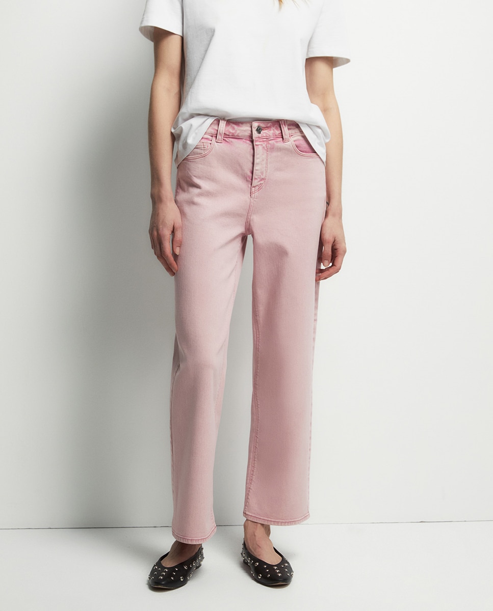 Jeans Largas pelo Tornozelo Rosa-2