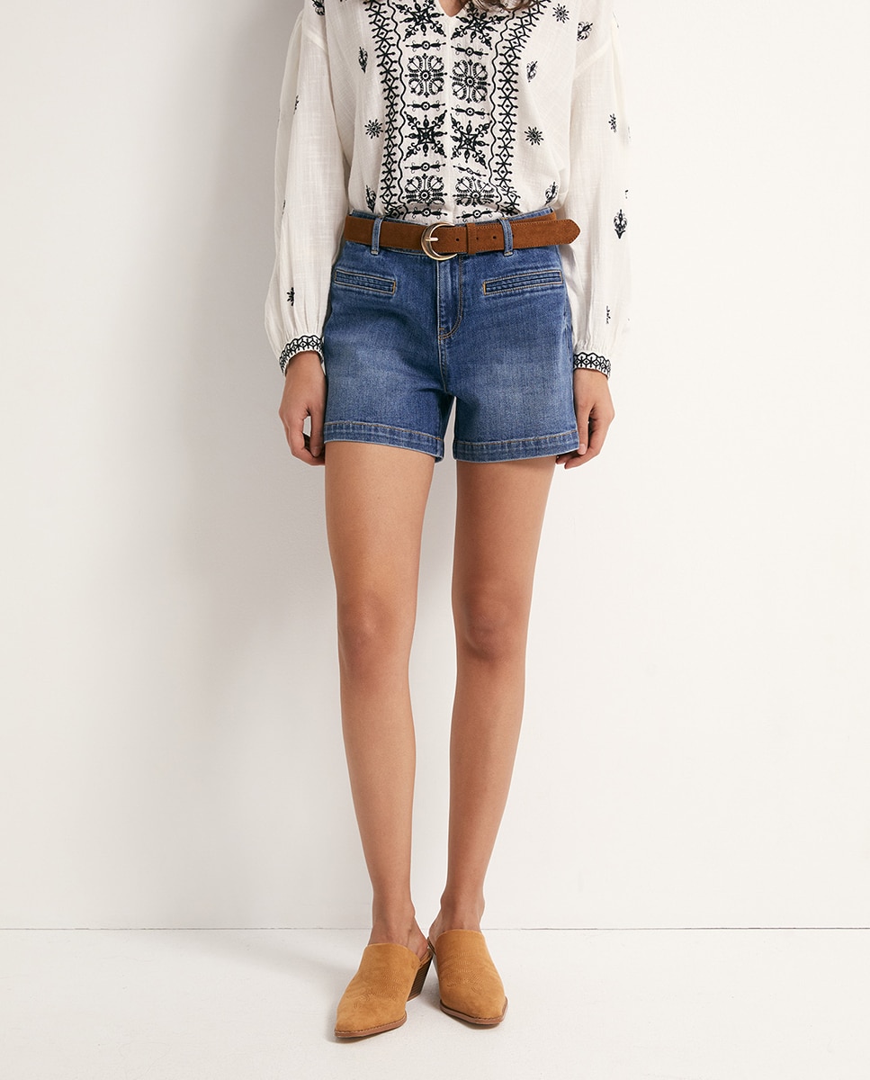 Jeans tipo Bermudas Descontraídas Azul-2