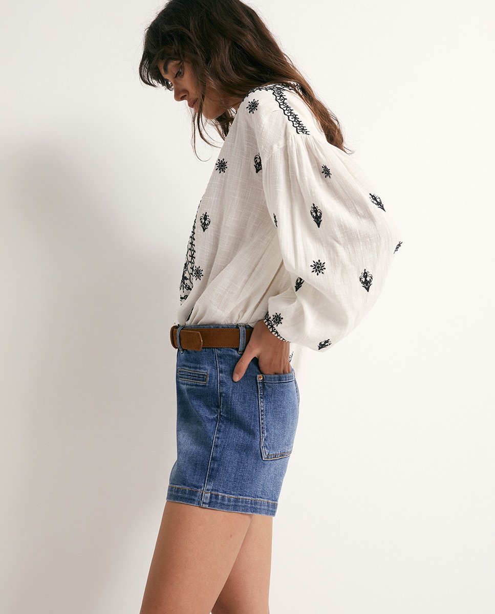 Jeans tipo Bermudas Descontraídas Azul-4