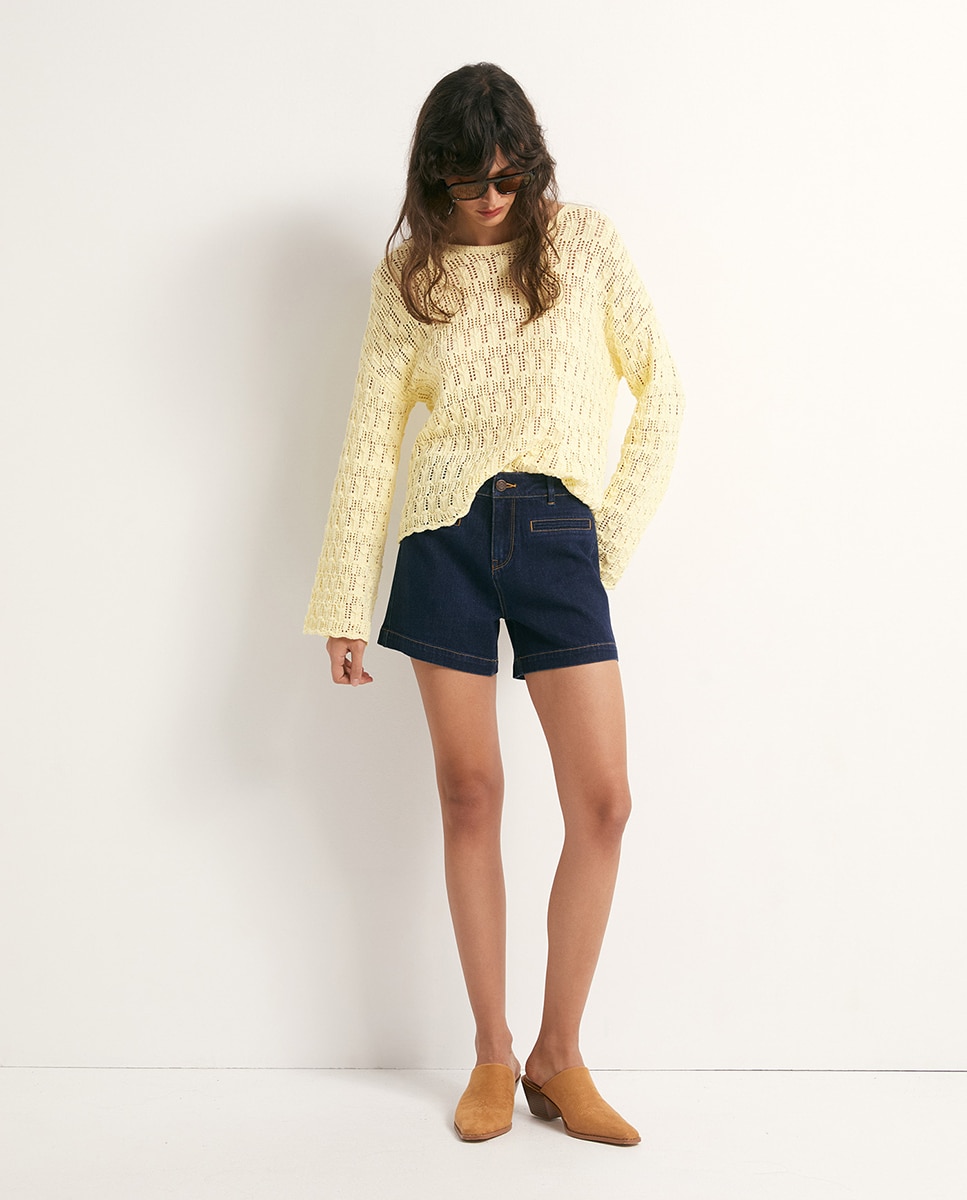 Jeans tipo Bermudas Descontraídas Azul-escuro-1