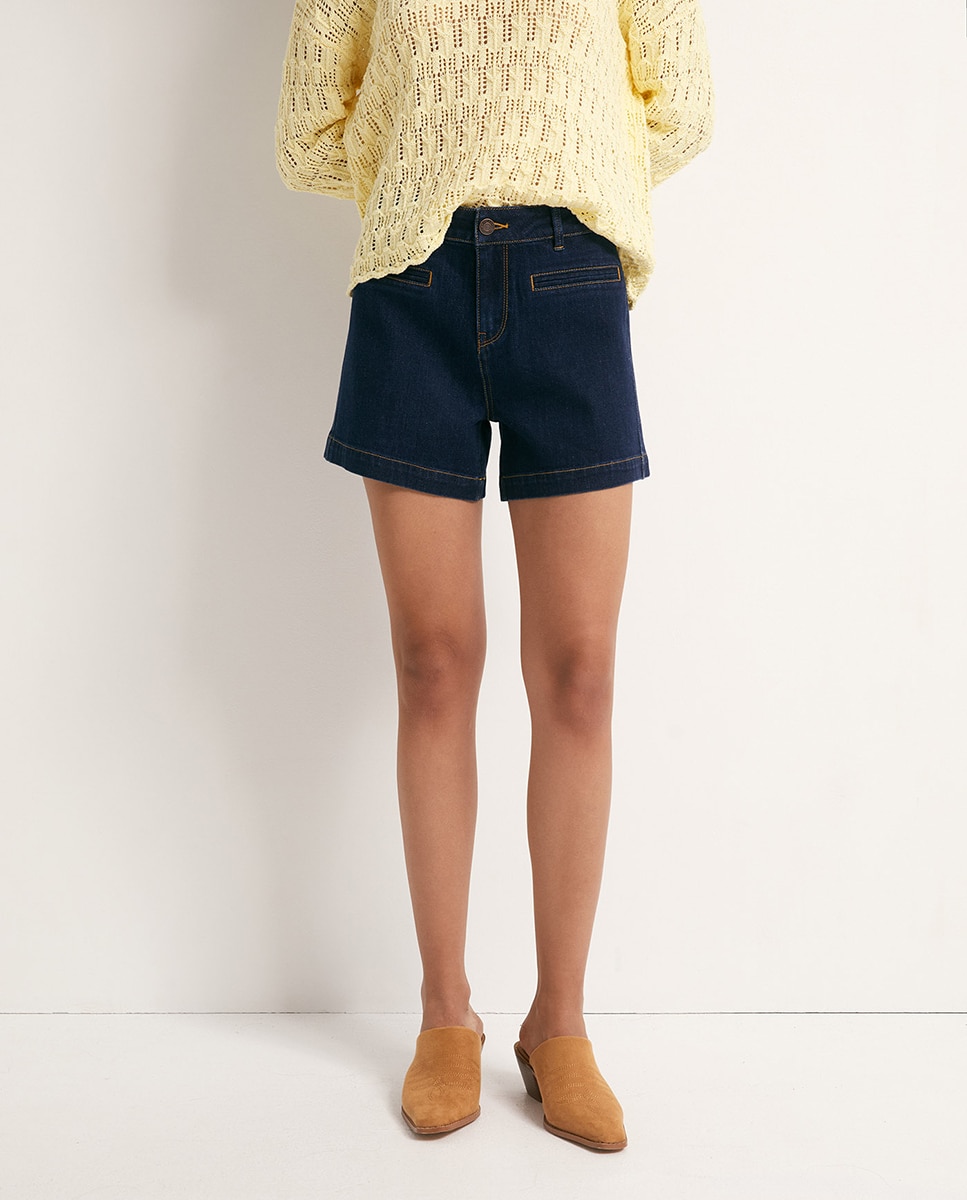 Jeans tipo Bermudas Descontraídas Azul-escuro-2