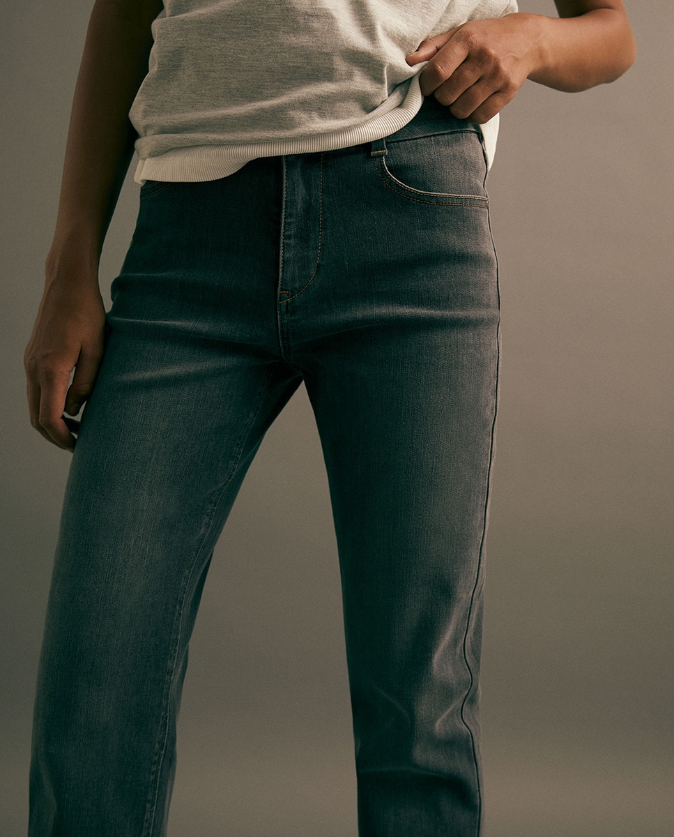 Jeans Straight de Cintura Subida Cinzento-5