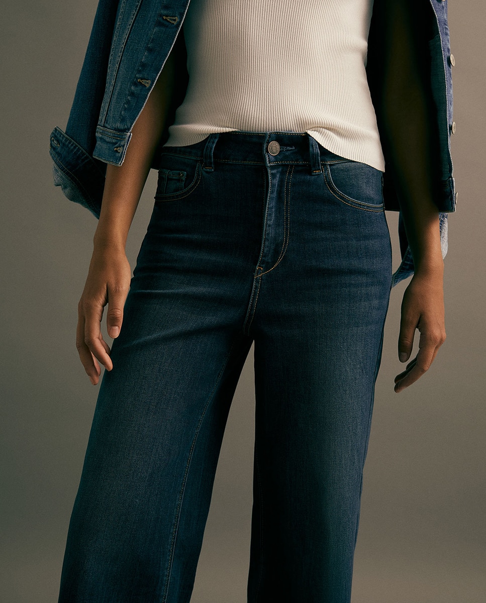 Jeans Tipo Culotte com Cintura Subida Azul Suave-3
