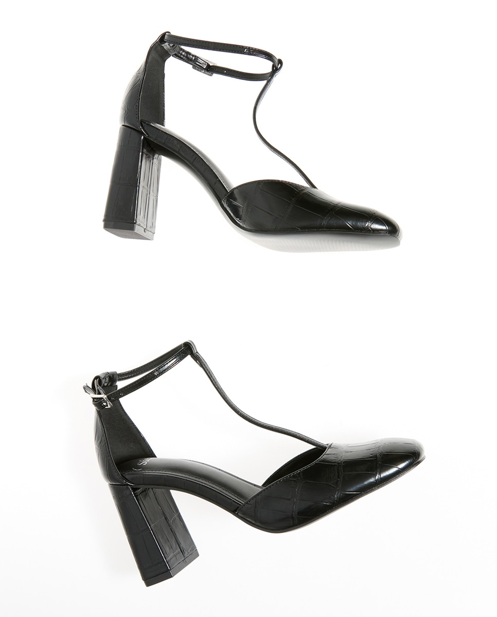 Sapatos de Salto com Tira em T e Efeito Croco Preto-2