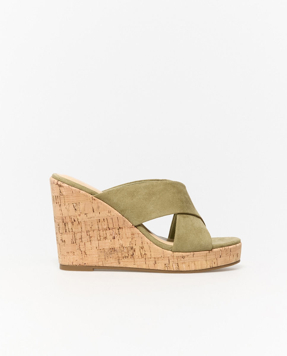 Sapatos de cunha com tiras cruzadas Caqui-2