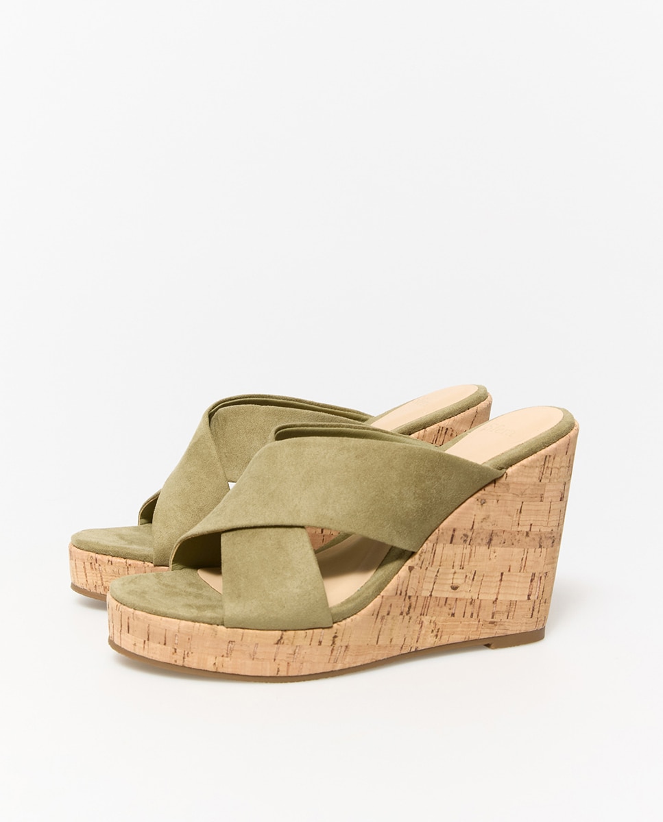 Sapatos de cunha com tiras cruzadas Caqui-3