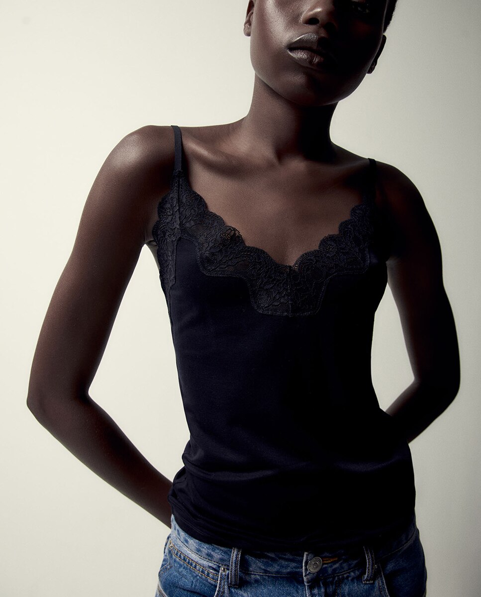 Camiseta lisa puntilla de mujer - Sfera - Blanco Negro-7