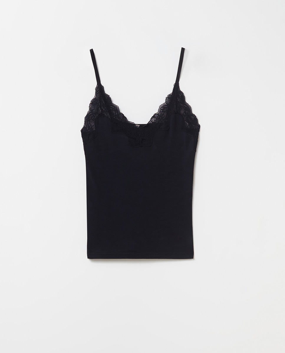 Camiseta lisa puntilla de mujer - Sfera - Blanco Negro-10