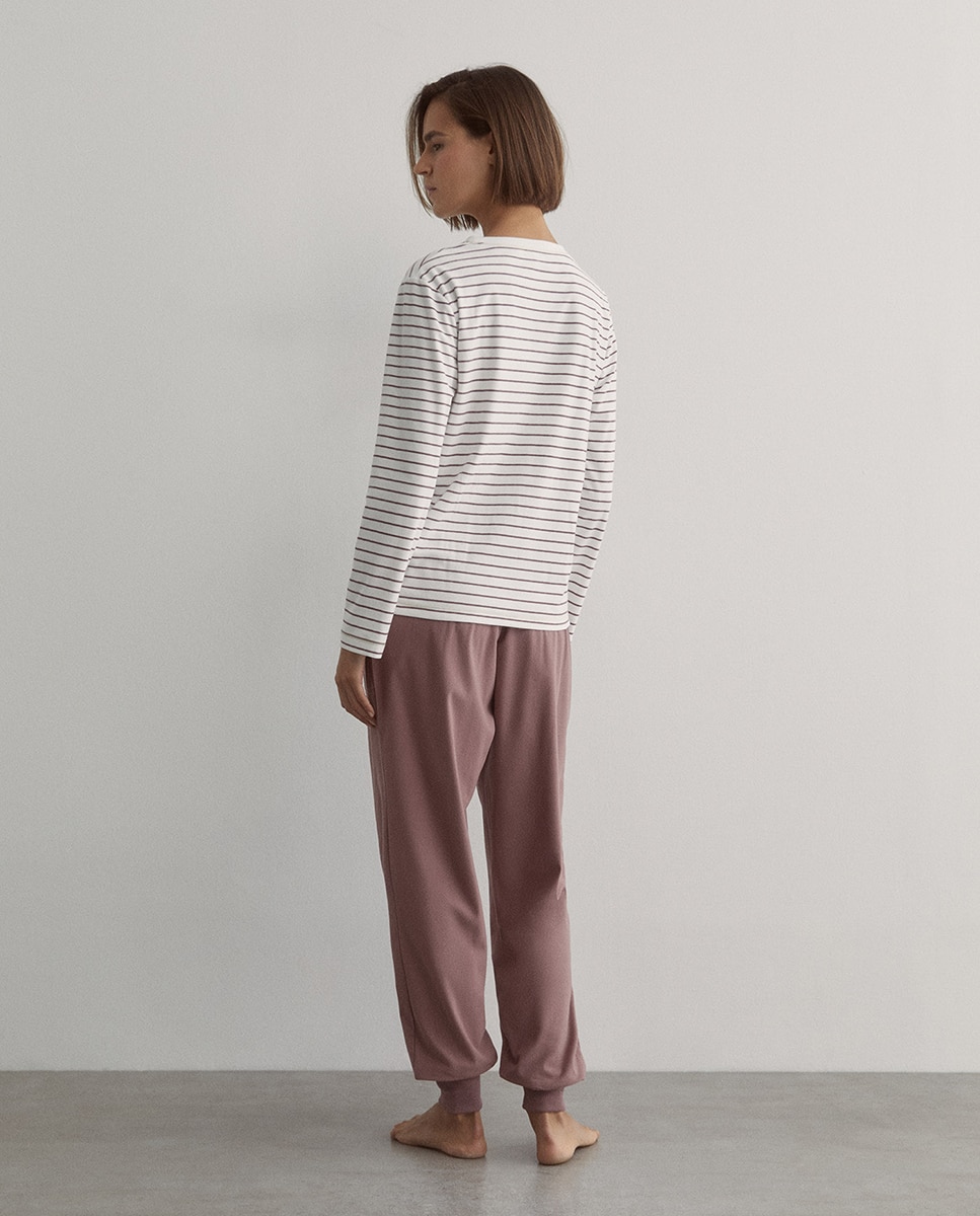 Pijama de Forro Polar às Riscas 230 Rosa Escuro-4