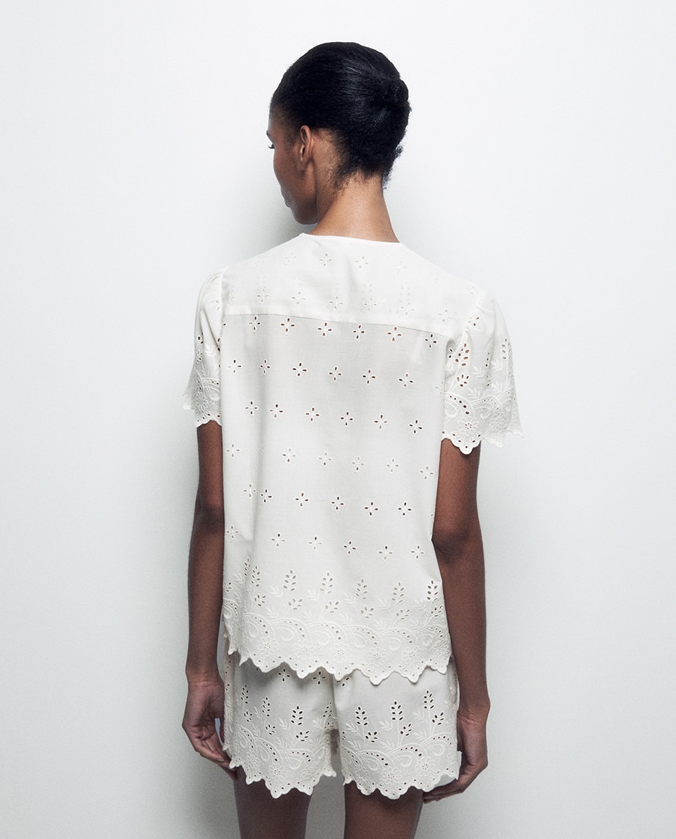 Pijama Curto Perfurado Branco-marfim-4
