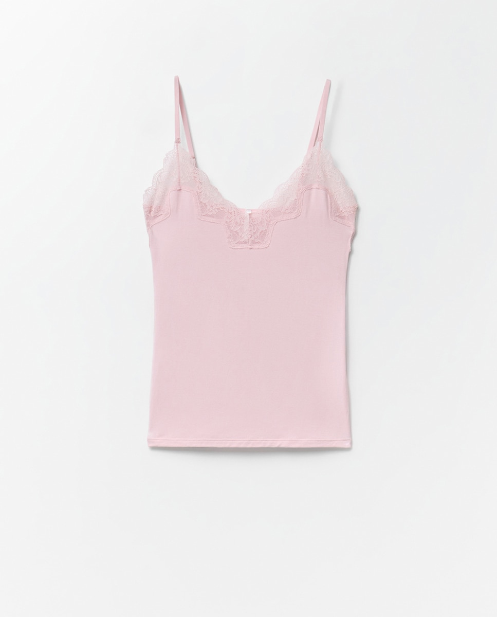 T-shirt lisa com renda Rosa-pálido-5