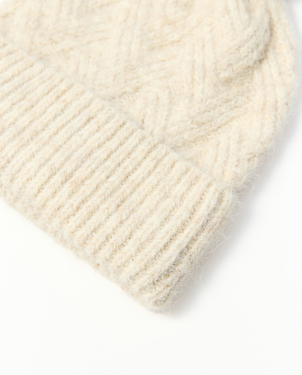 Gorro de Lã com Padrão de Cesto Bege-2
