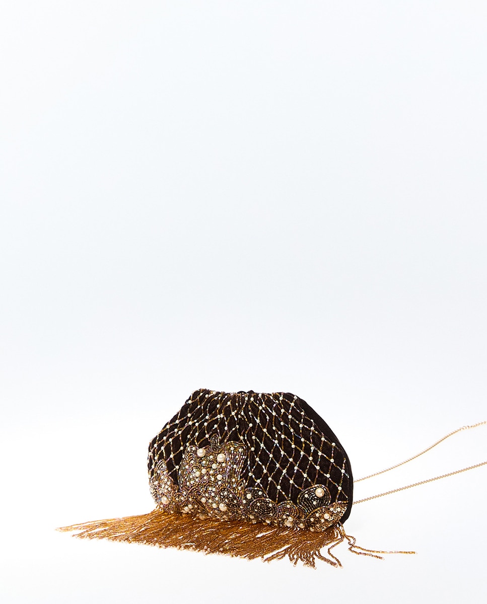 Mala Pouch com Missangas e Franjas Castanho-2