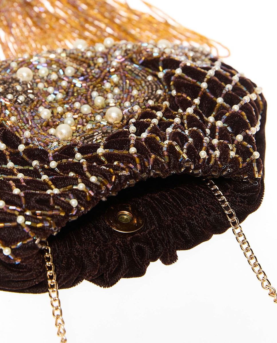 Mala Pouch com Missangas e Franjas Castanho-4