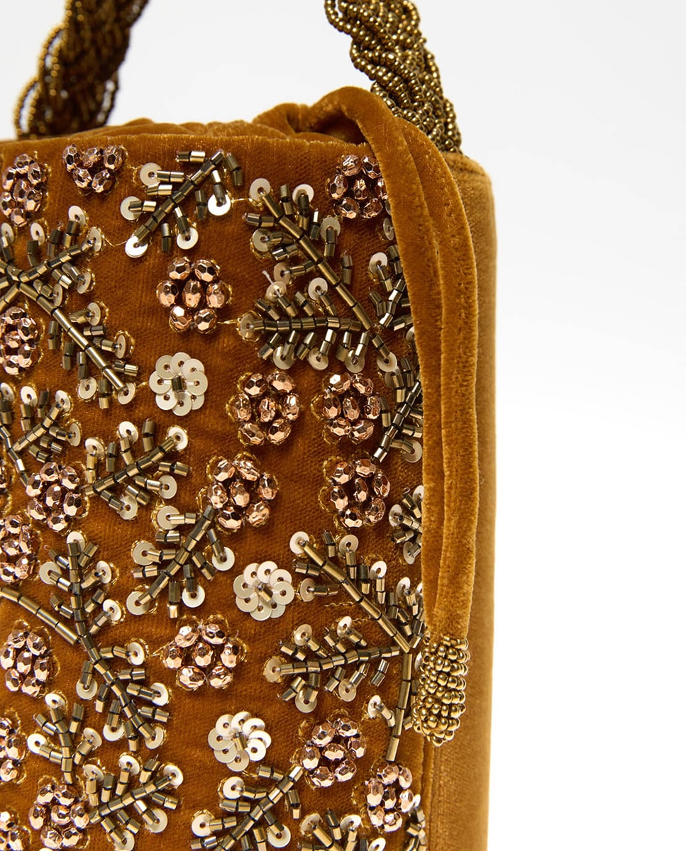 Mala Bucket com Missangas e Folhas 390 Ouro-2
