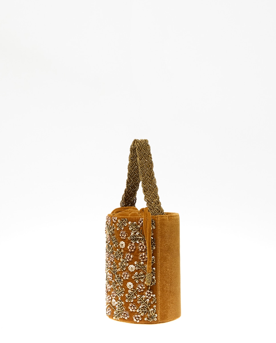 Mala Bucket com Missangas e Folhas 390 Ouro-3