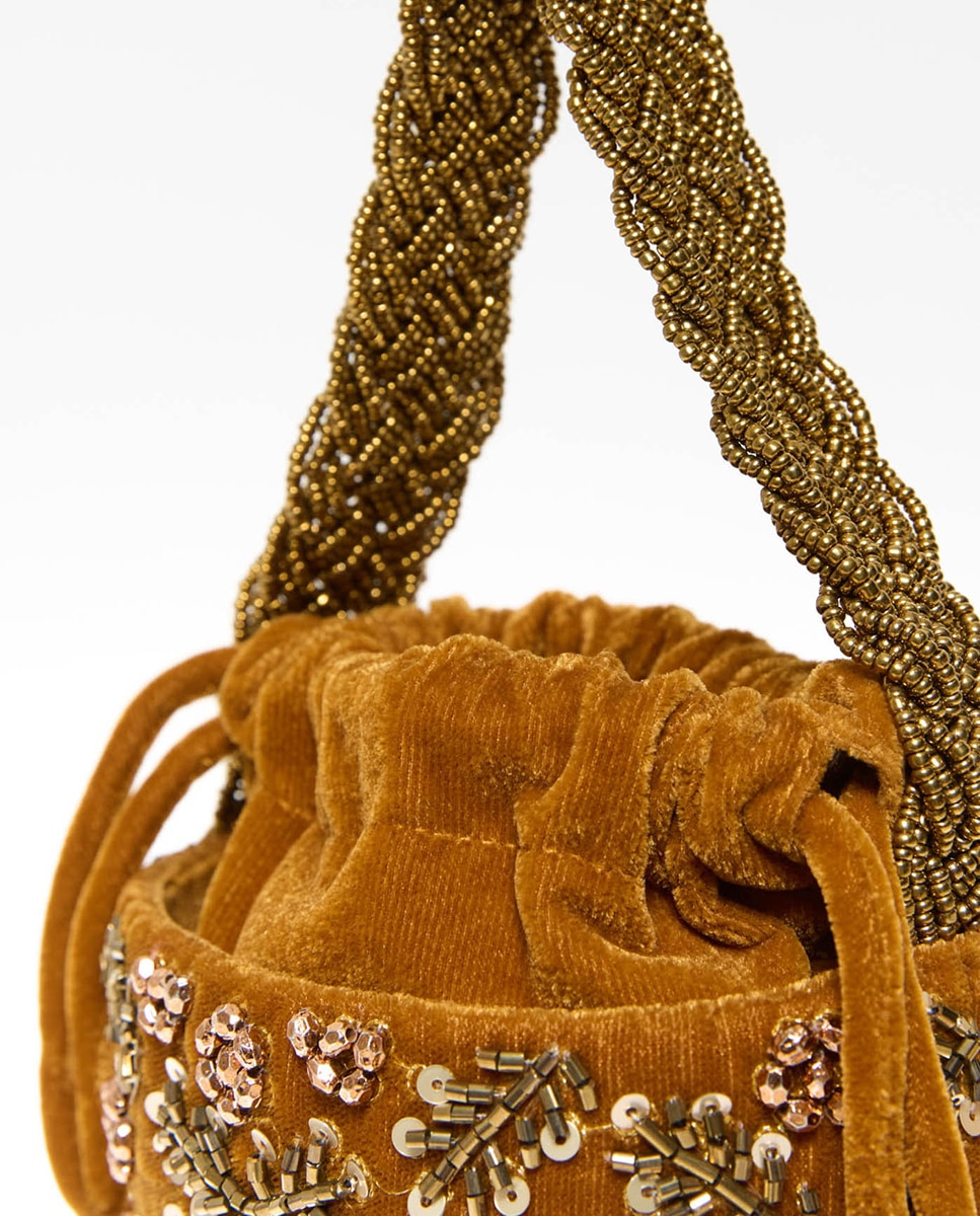 Mala Bucket com Missangas e Folhas 390 Ouro-4