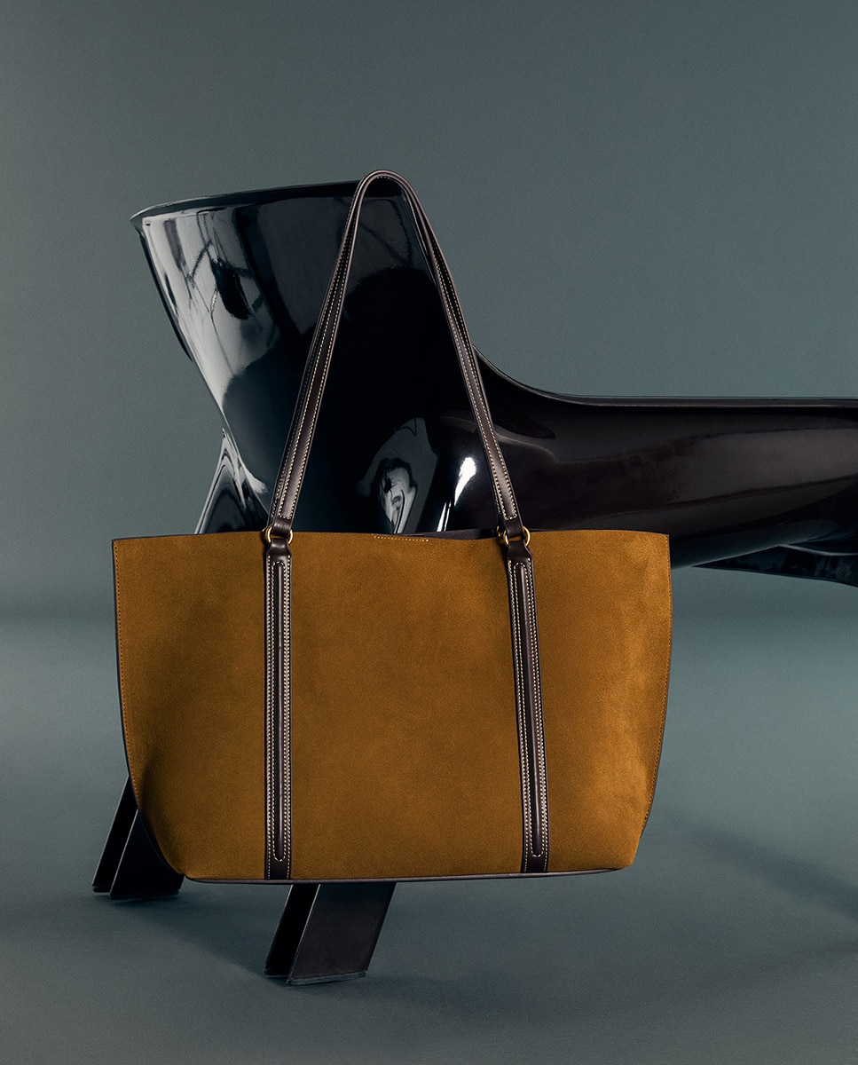 Mala Shopper em Pele com Tiras Caqui-3