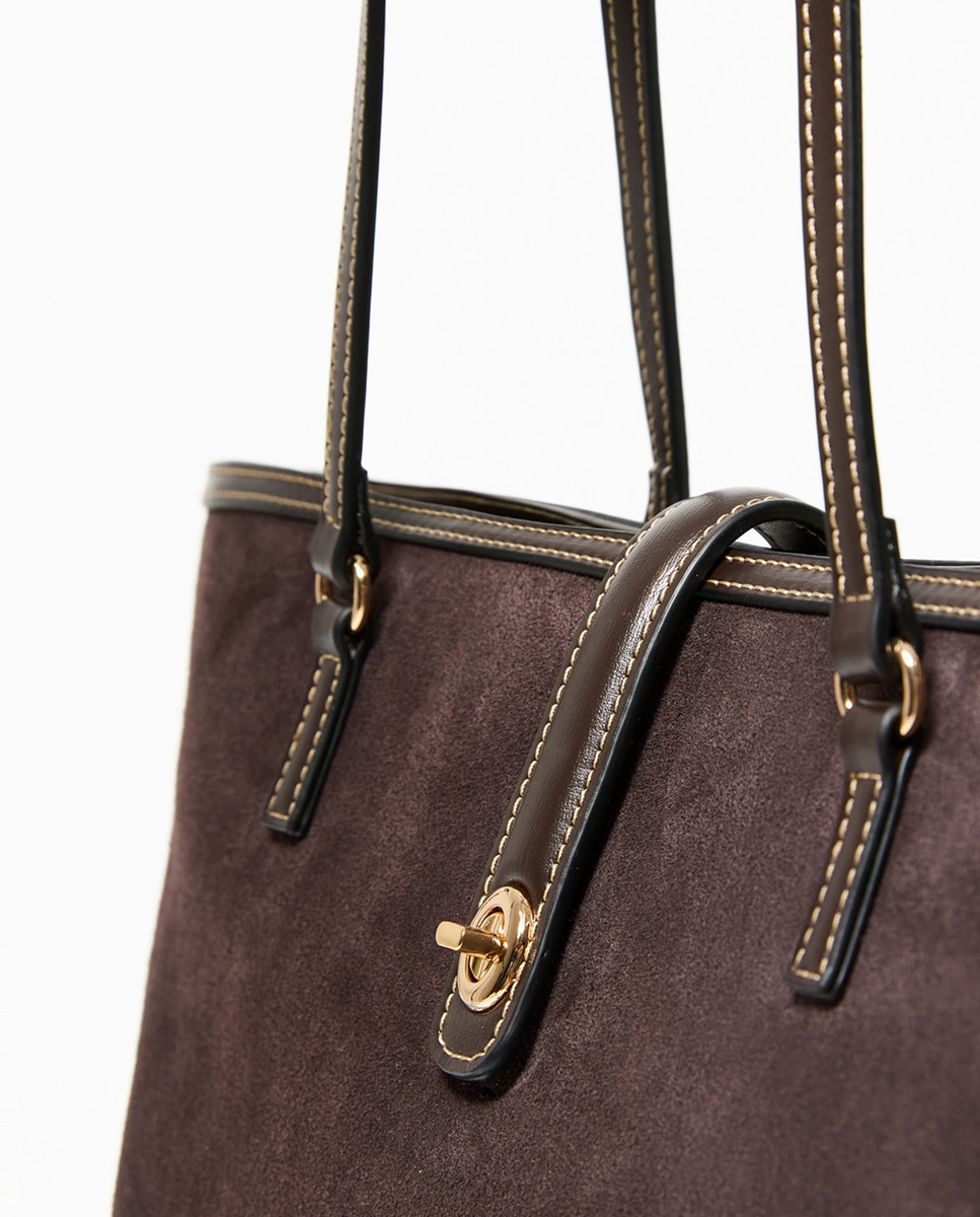 Mala Shopper em Pele com Detalhe Metálico Chocolate-2