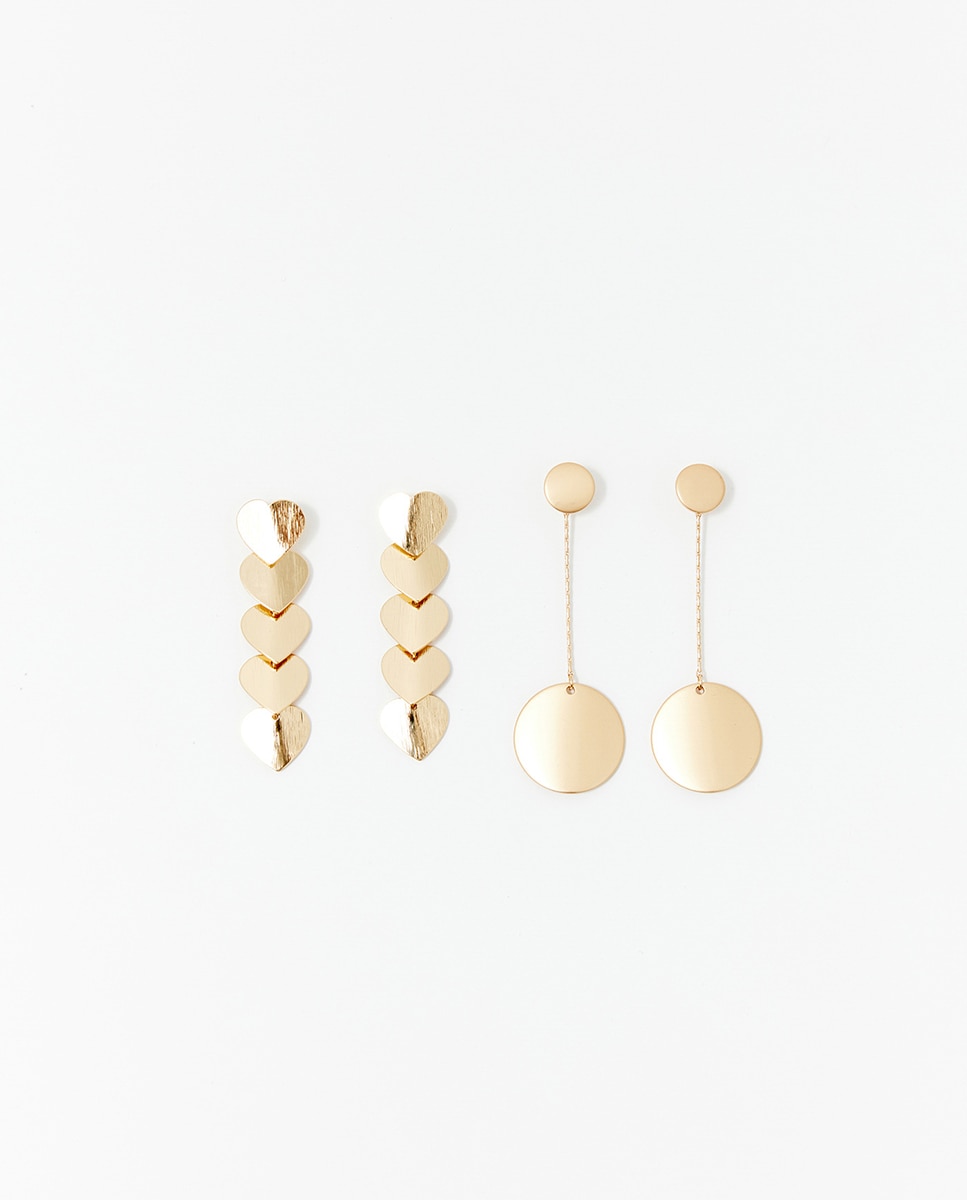 Conjunto de 2 Pares de Brincos de Corações com Pêndulo Ouro-1