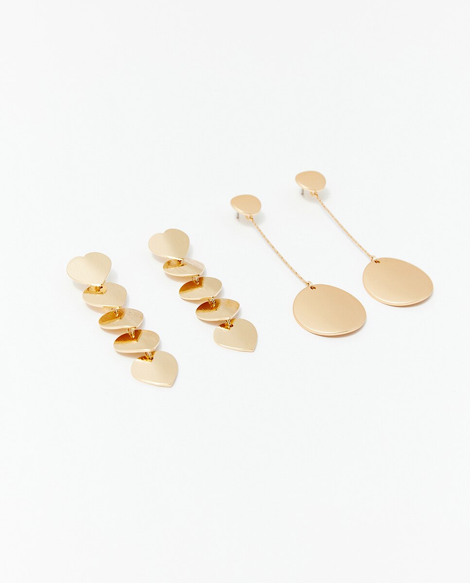 Conjunto de 2 Pares de Brincos de Corações com Pêndulo Ouro-2