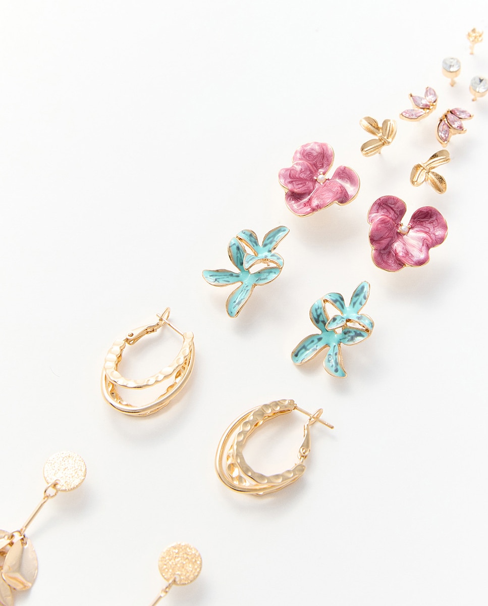 Conjunto de 8 Brincos com Flores Multicolor-2