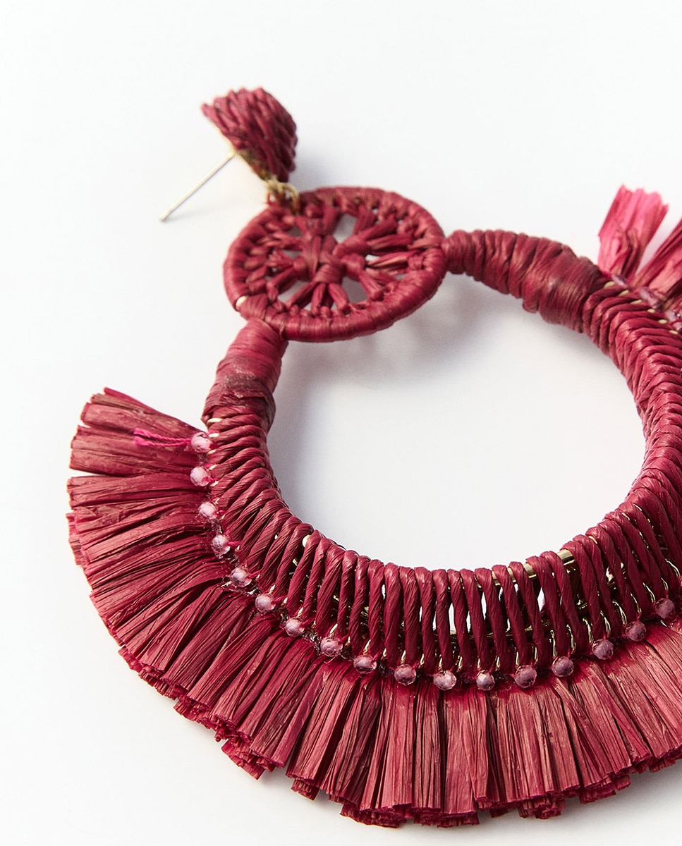 Brincos Grandes com Argola de Ráfia Vermelho-2
