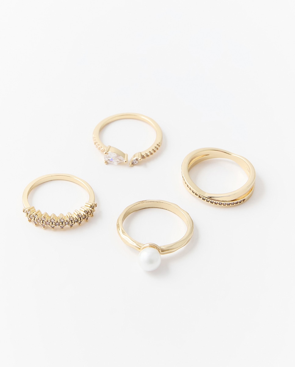 Conjunto de 4 Anéis com Pérolas Multicolor-2