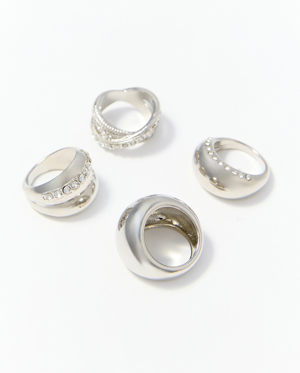 Conjunto de 4 Anéis de metal com Joia Prata-2