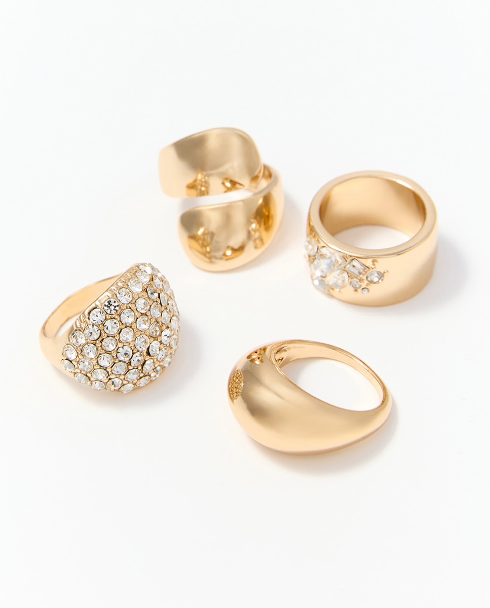 Conjunto de 4 Anéis com Brilho e Incrustação 390 Ouro-2
