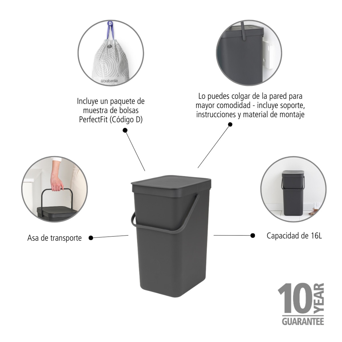 Balde do Lixo para Reciclagem Sort&Go 16 L Cinzento-9
