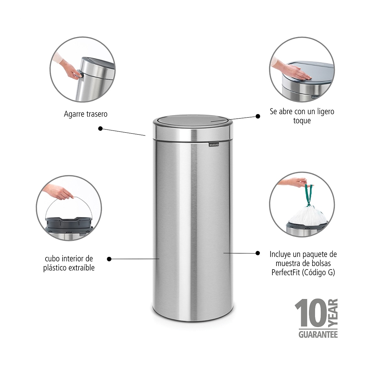 Cubo de basura de acero Touch Bin 30L Brabantia - Verde 30 litros Plata-7