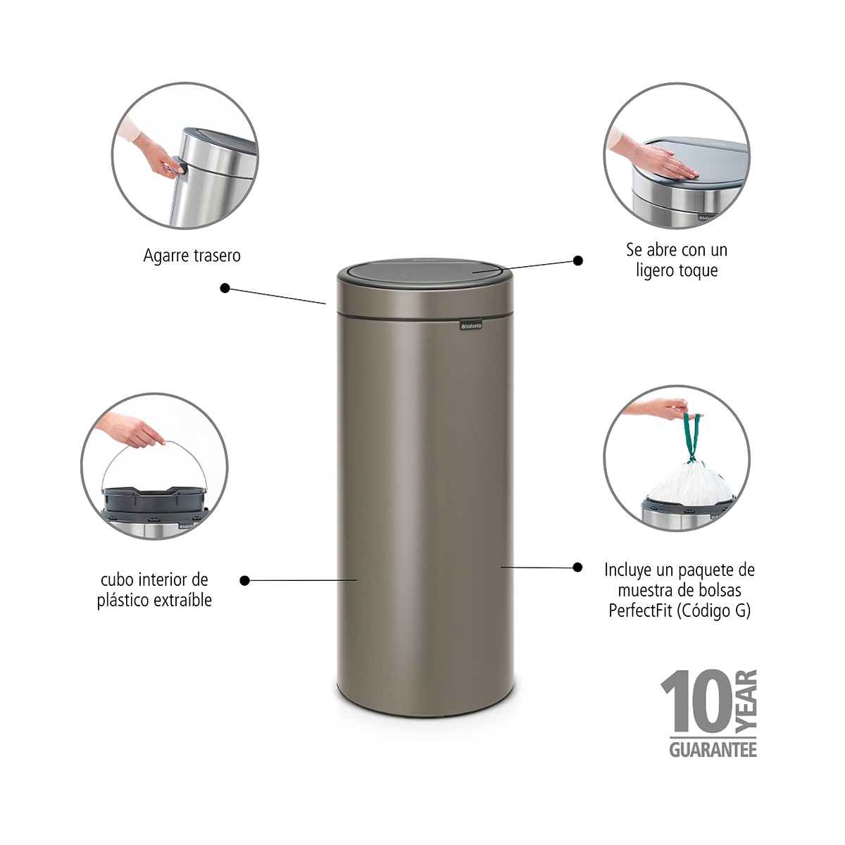 Cubo de basura de acero Touch Bin 30L Brabantia - Platino 30 litros Platino-4
