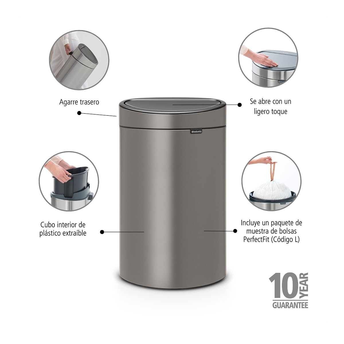 Cubo de basura de acero Touch Bin 40L Brabantia - Platino Platino-6