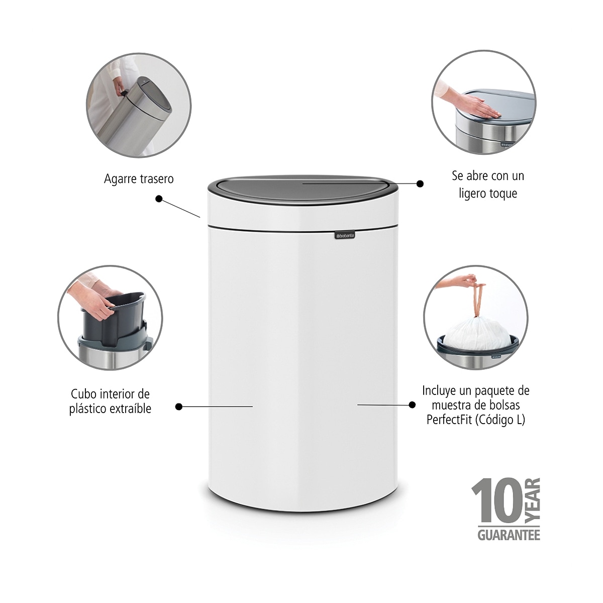 Balde do Lixo de Aço Touch Bin 40 L Branco-6