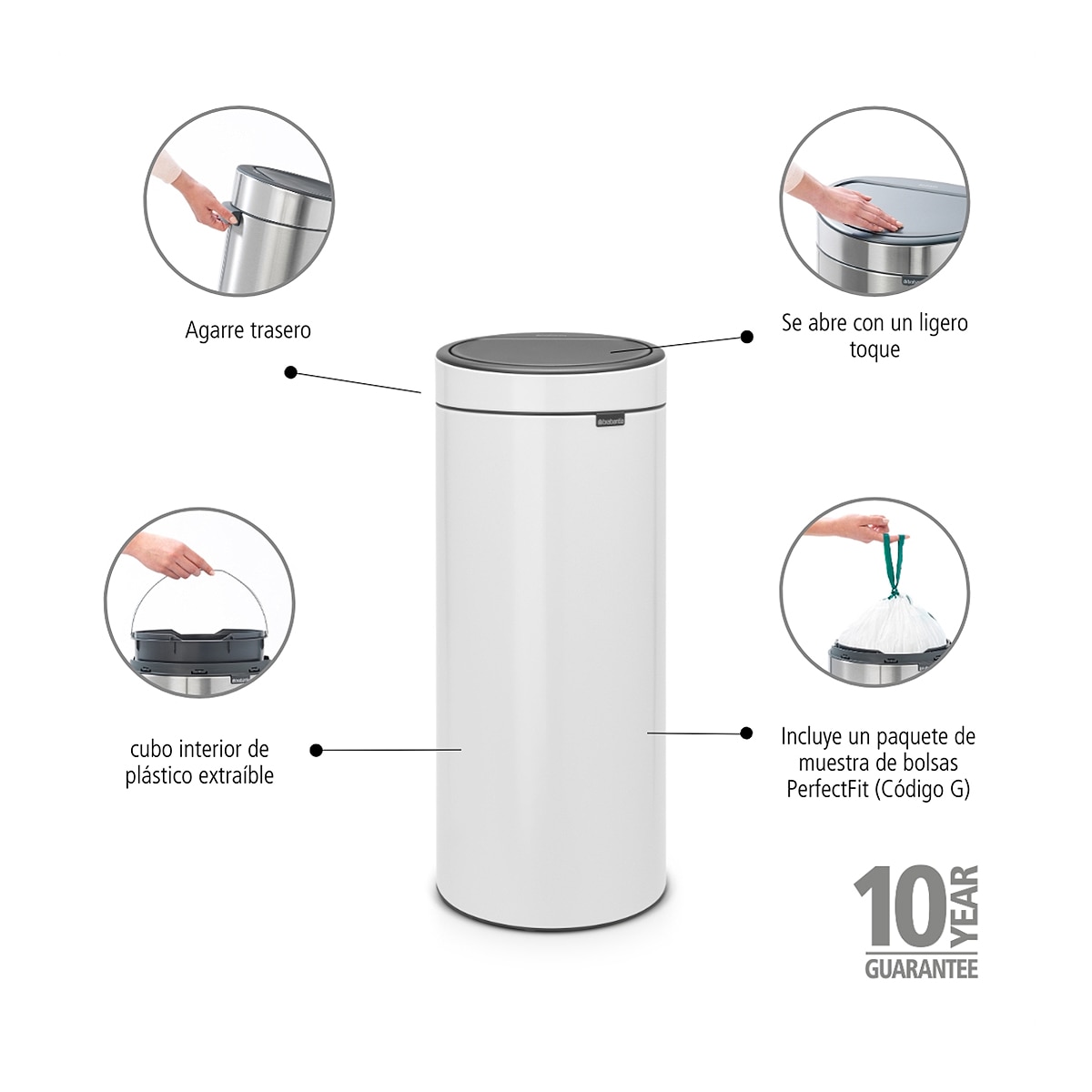 Cubo de basura de acero Touch Bin 30L Brabantia - Blanco Blanco-4